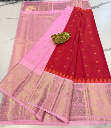 LD-G23 Gadwal tomato red n baby pink saree