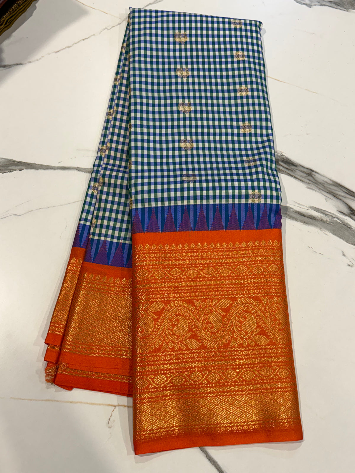 SGC-2500 Madras checks gadwal blue  n Orange border saree