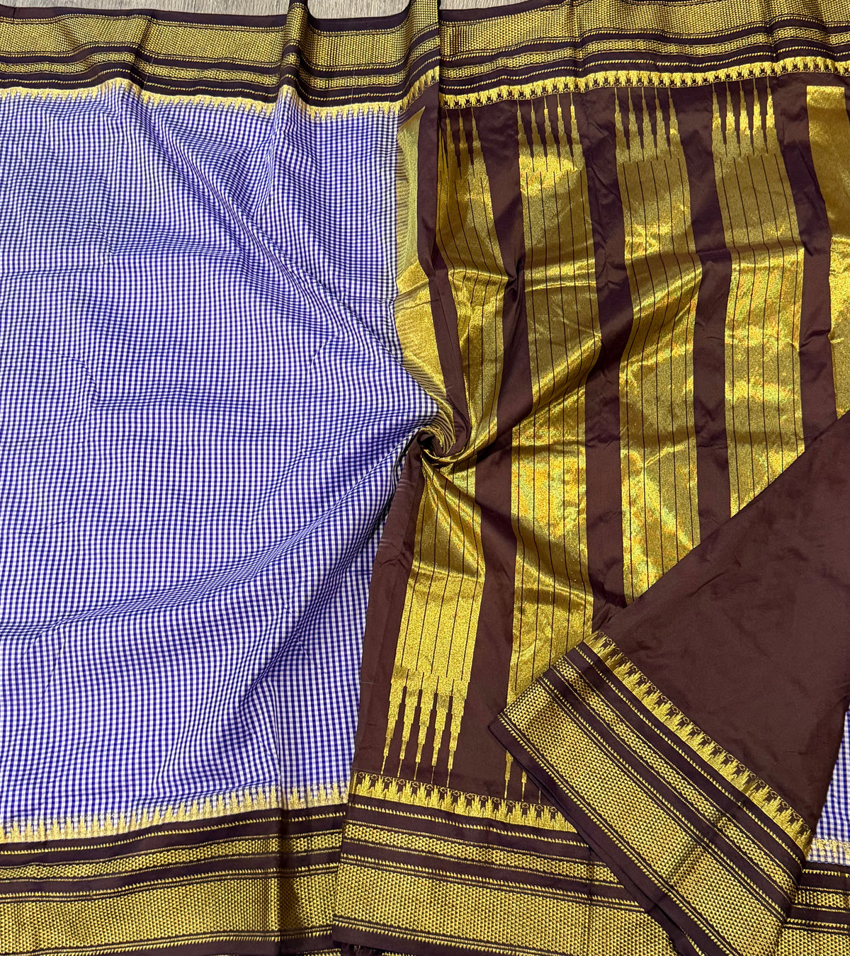 Nc-23 violet n white checks brown borders Narayanpet ilkal checks saree