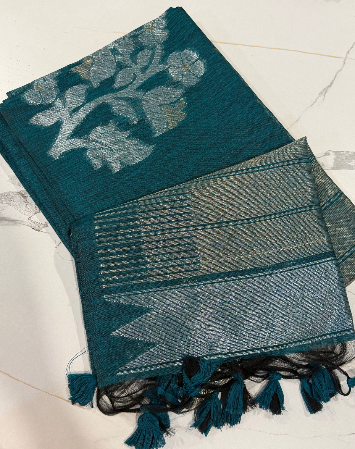 TL-1550 Krishna blue colour Linen jamdani floral saree