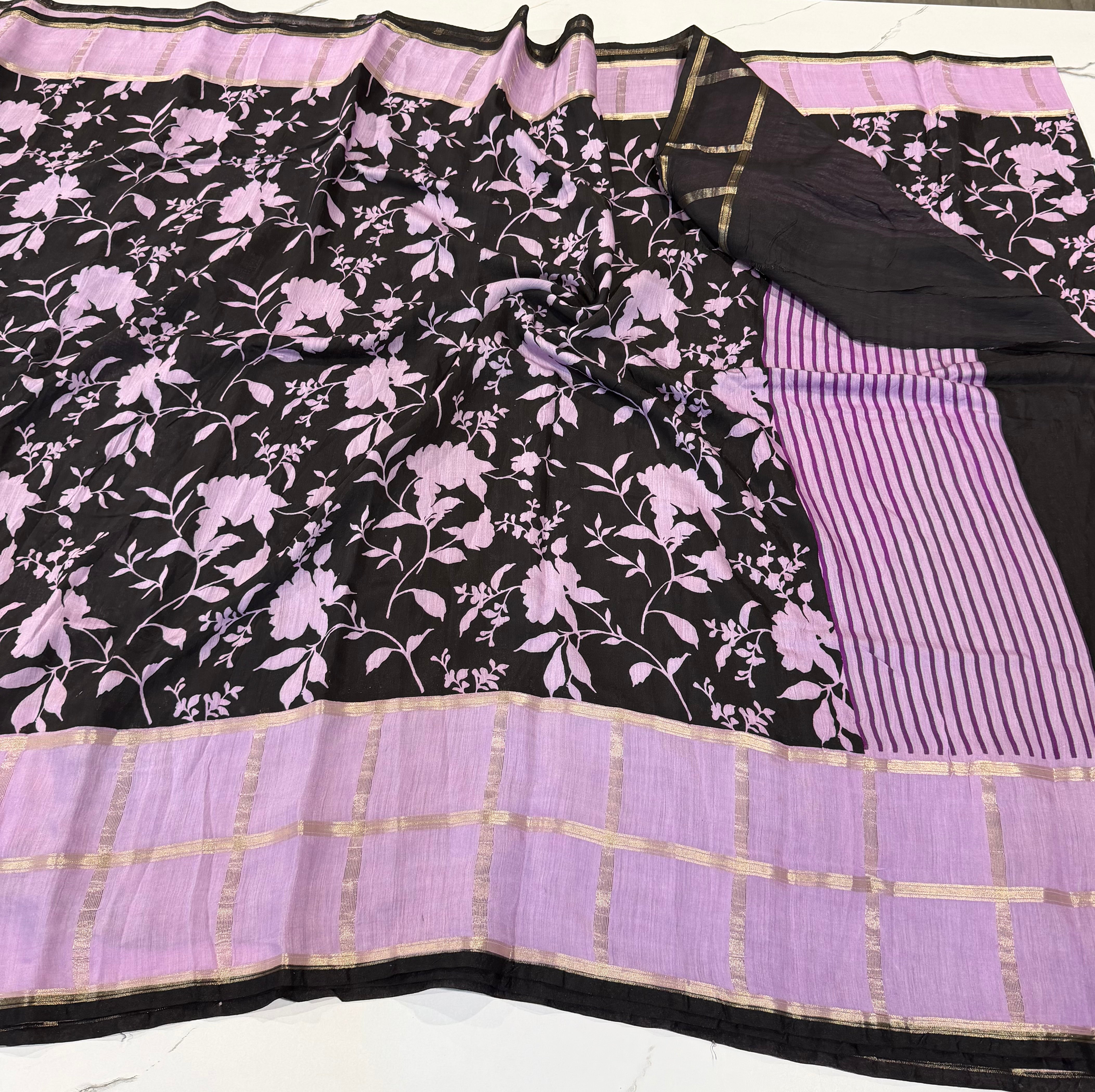 As-1551 Black saree Lavender borders Assam silk