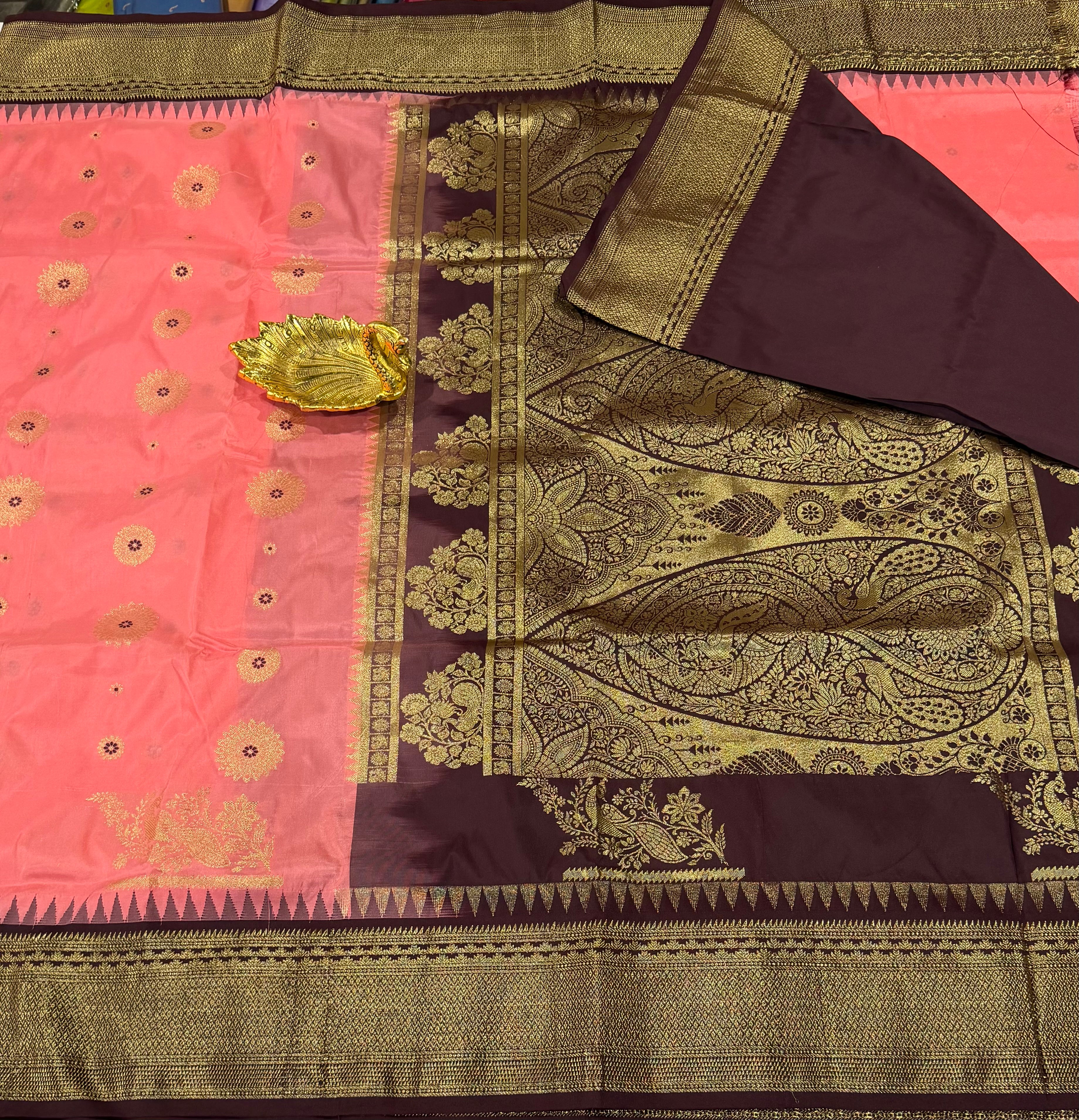 SN-35 Semi narayanpet baby pink and brown border saree