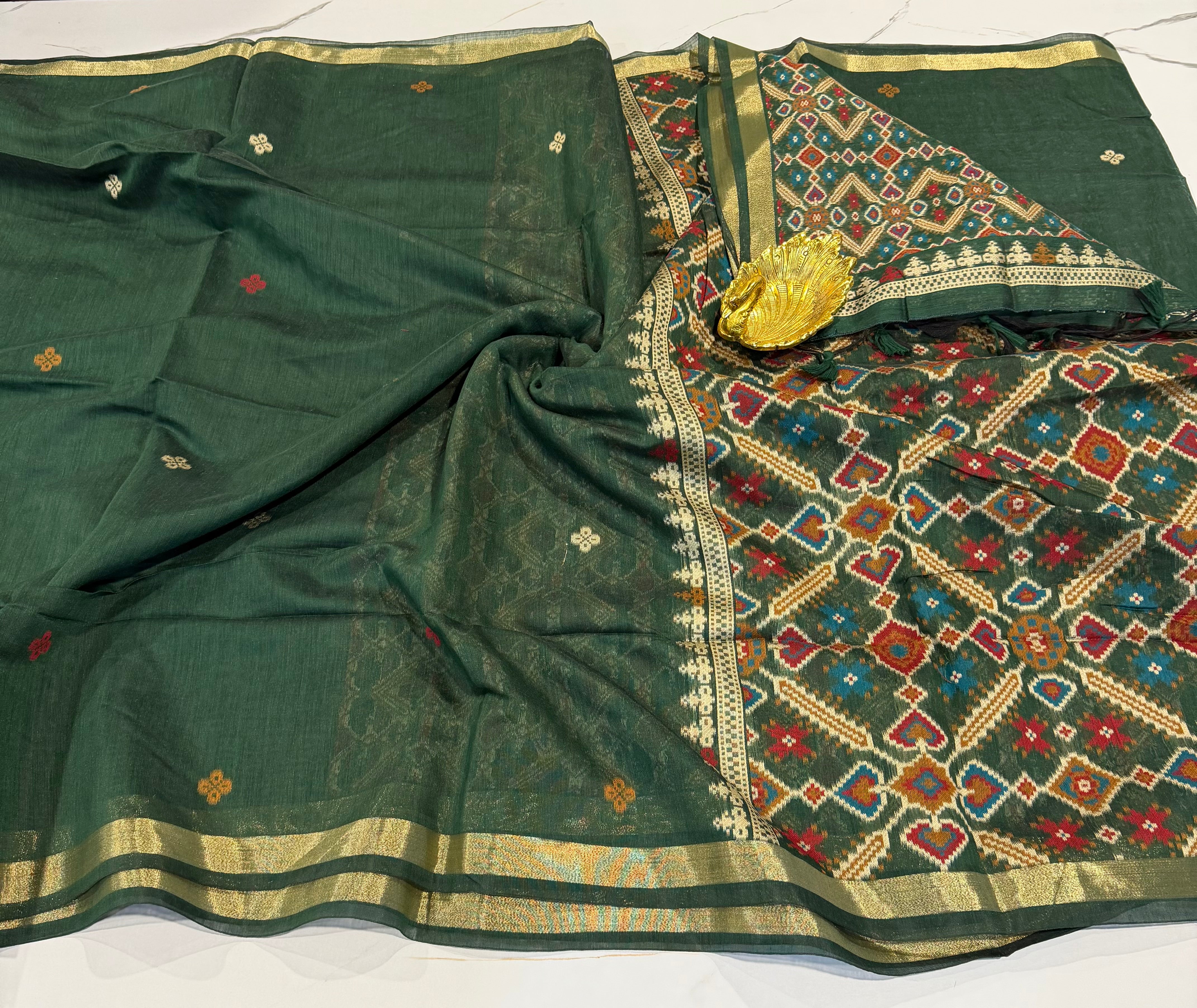 LP-19 bottle green colour patola Linen jamdani saree