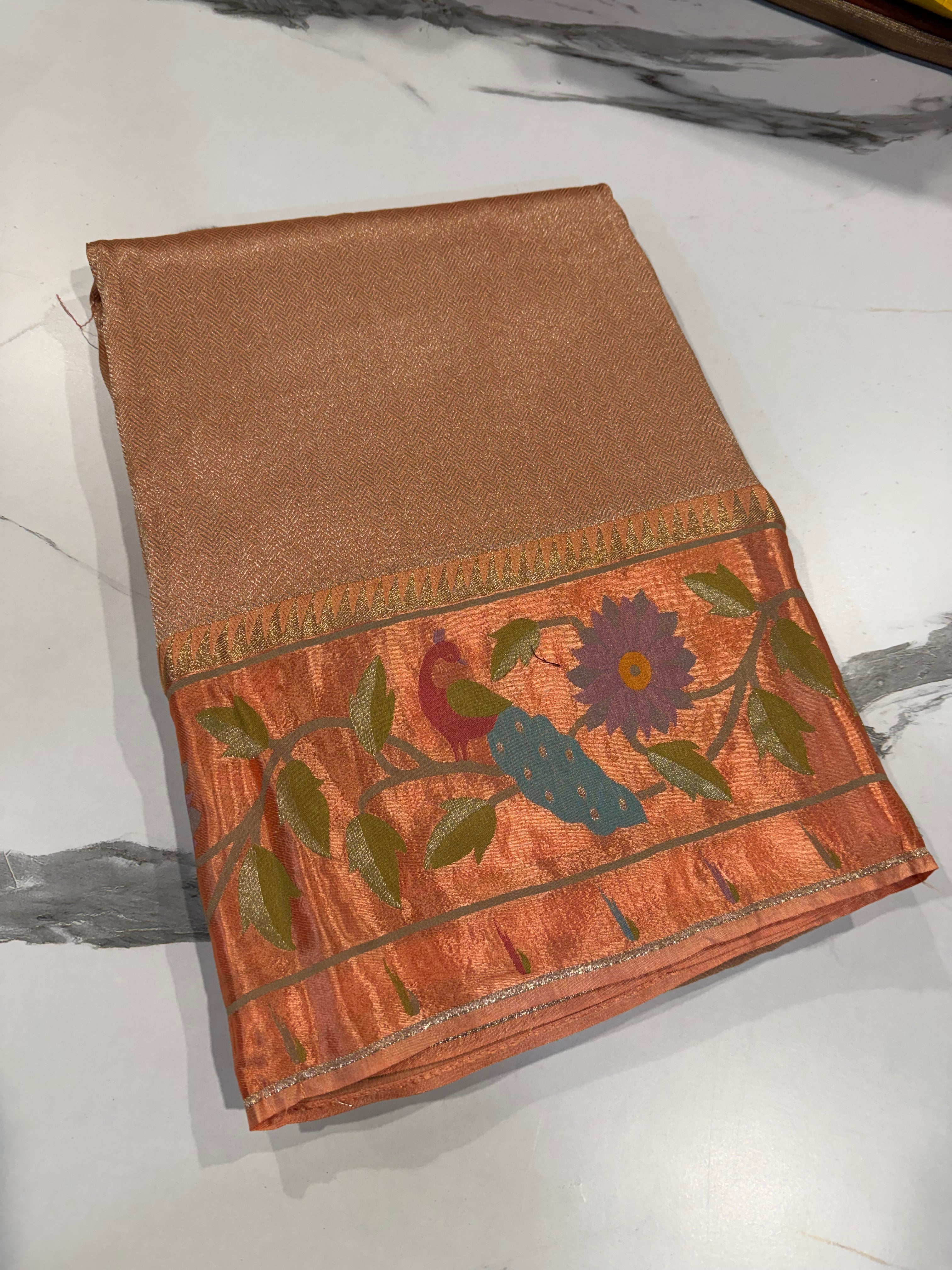 KT-5 peach colour kanchi tissue saree