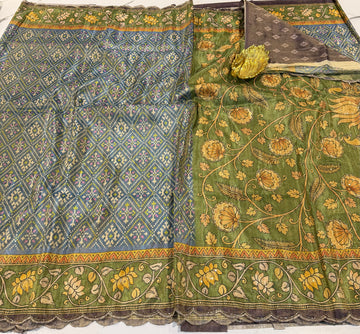PC-2349 bluish grey n green One gram tissue saree cocktail edition