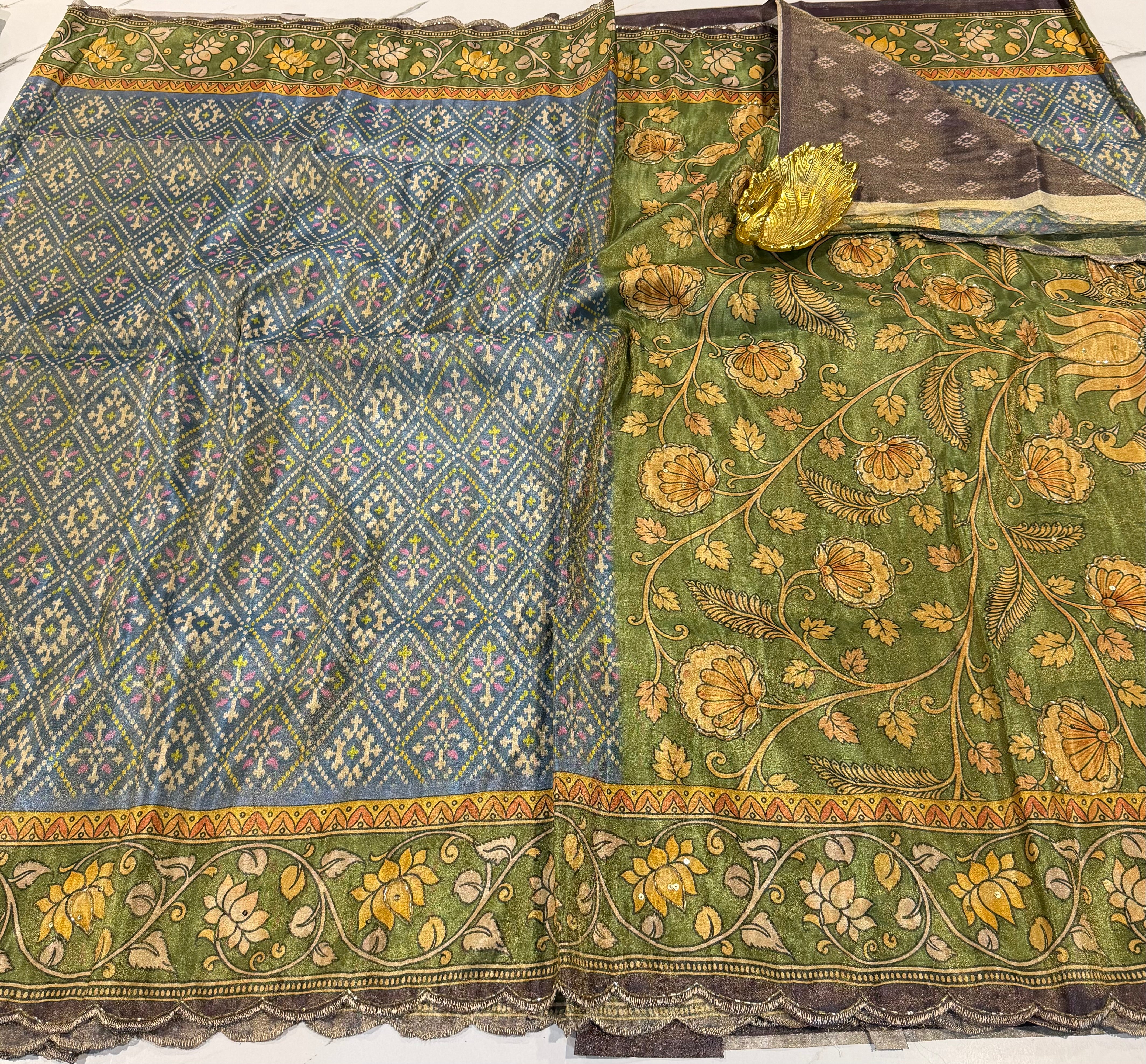 PC-2349 bluish grey n green One gram tissue saree cocktail edition