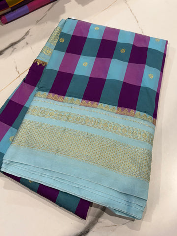 M-3450 skyblue n purple  Madras checks Narayanpet saree