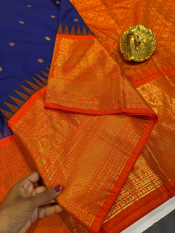 LD-G2299 vintage Semi Gadwal navy blue and orange with butta saree
