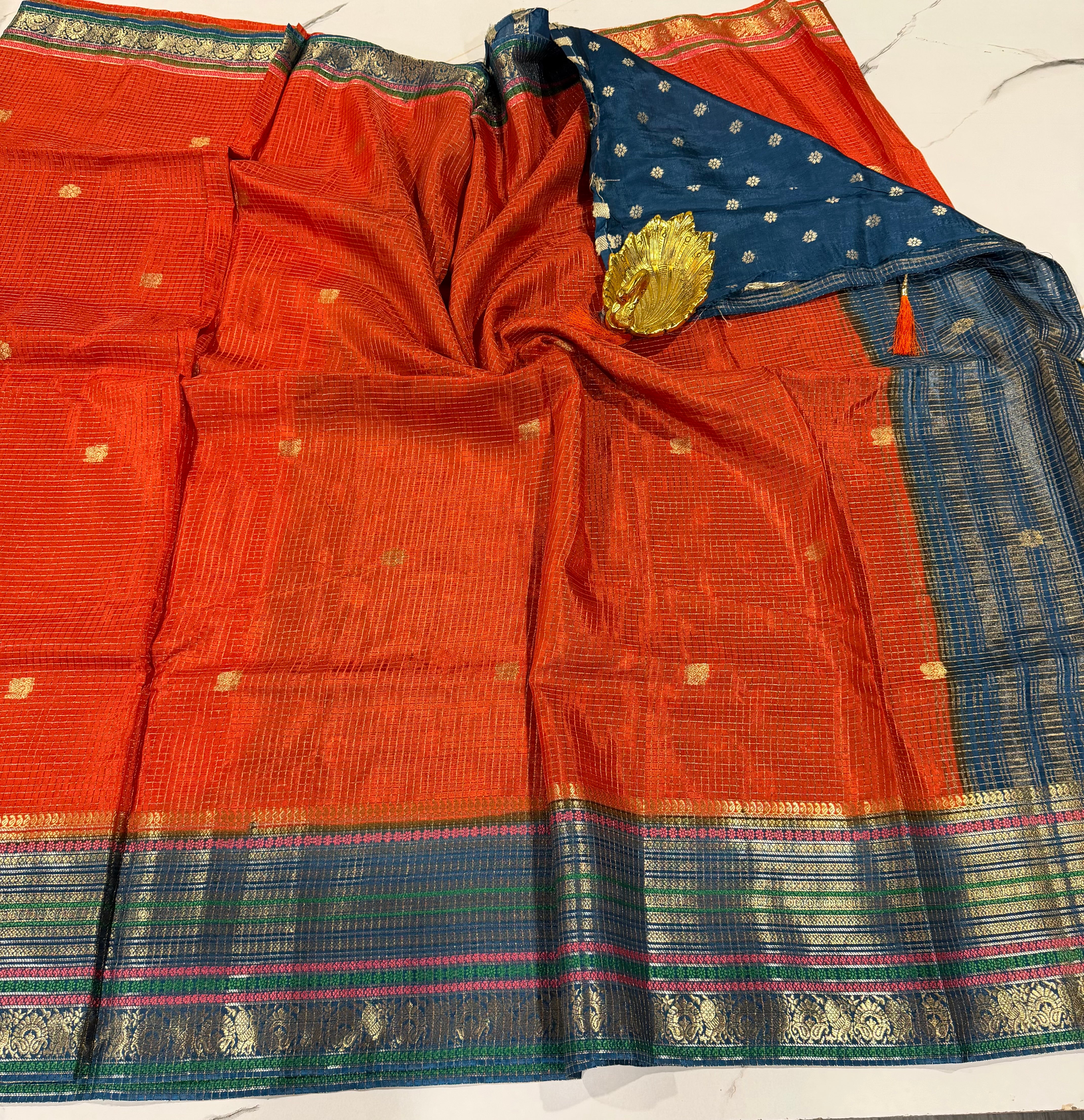 VN-2450 Rust n peacock blue vintage Narayanpet saree
