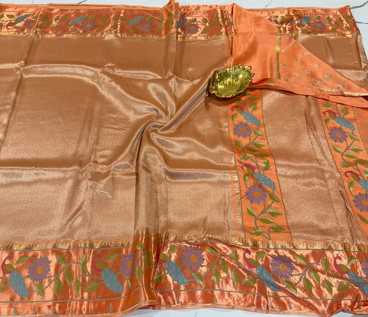 KT-53 peach colour kanchi tissue paithani borders saree