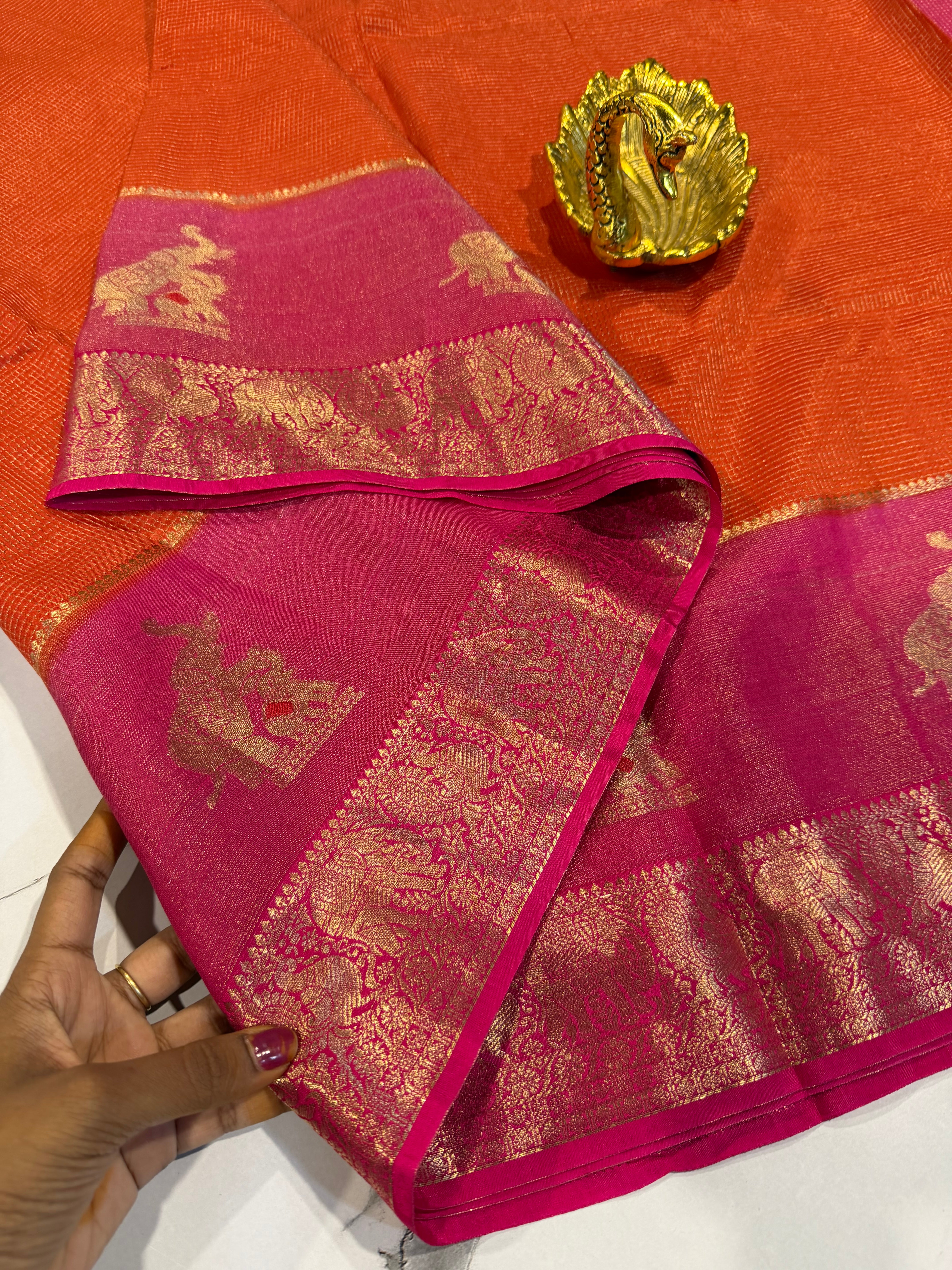 VS-27 orange saree pink borders vintage Kanchi saree