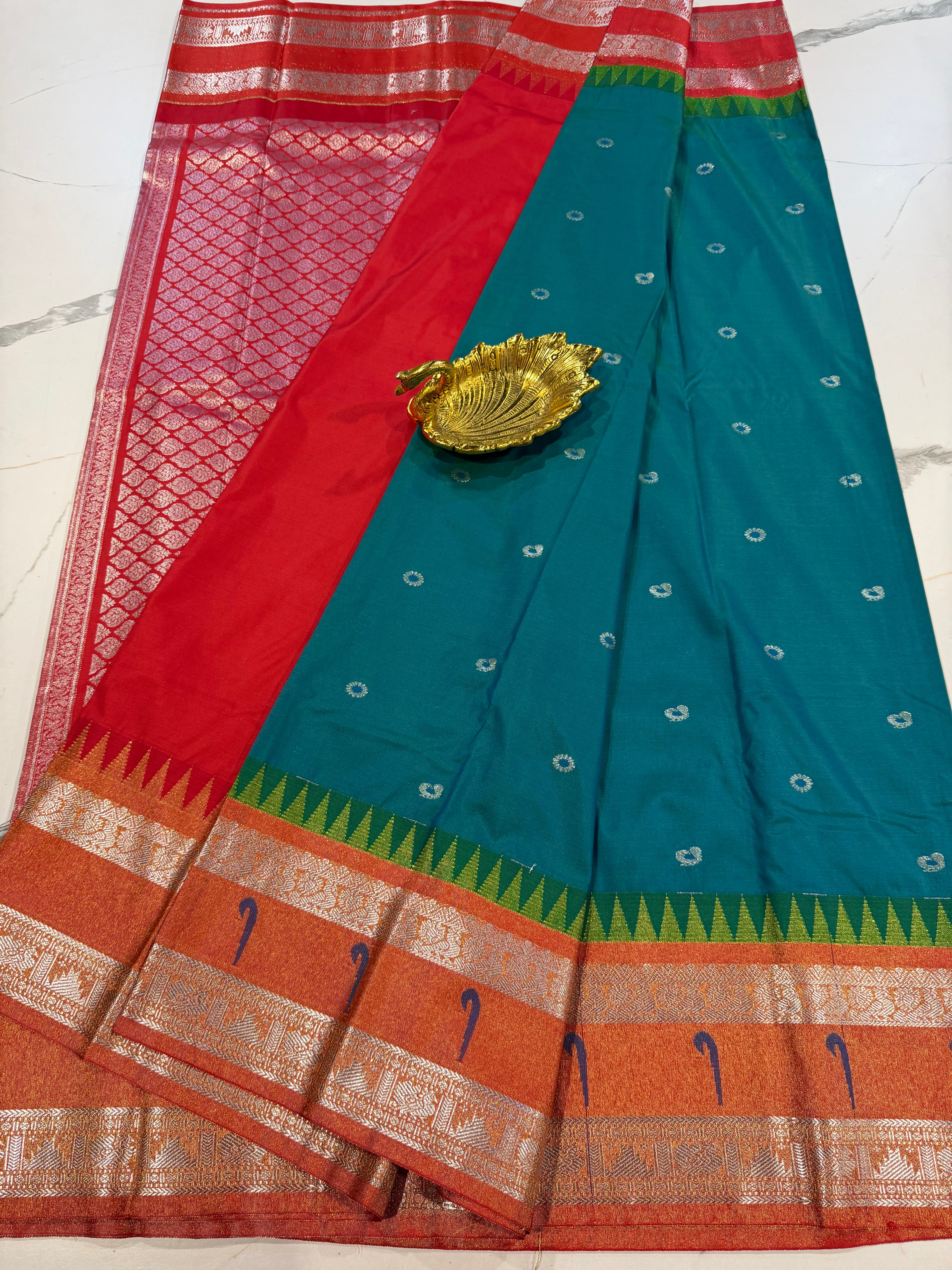 TS-3450 peacock green Tissue Muniya Gadwal saree