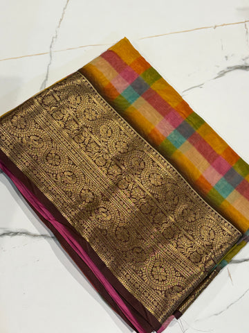 Me-1599 yellow n brown Madras Checks muslin saree