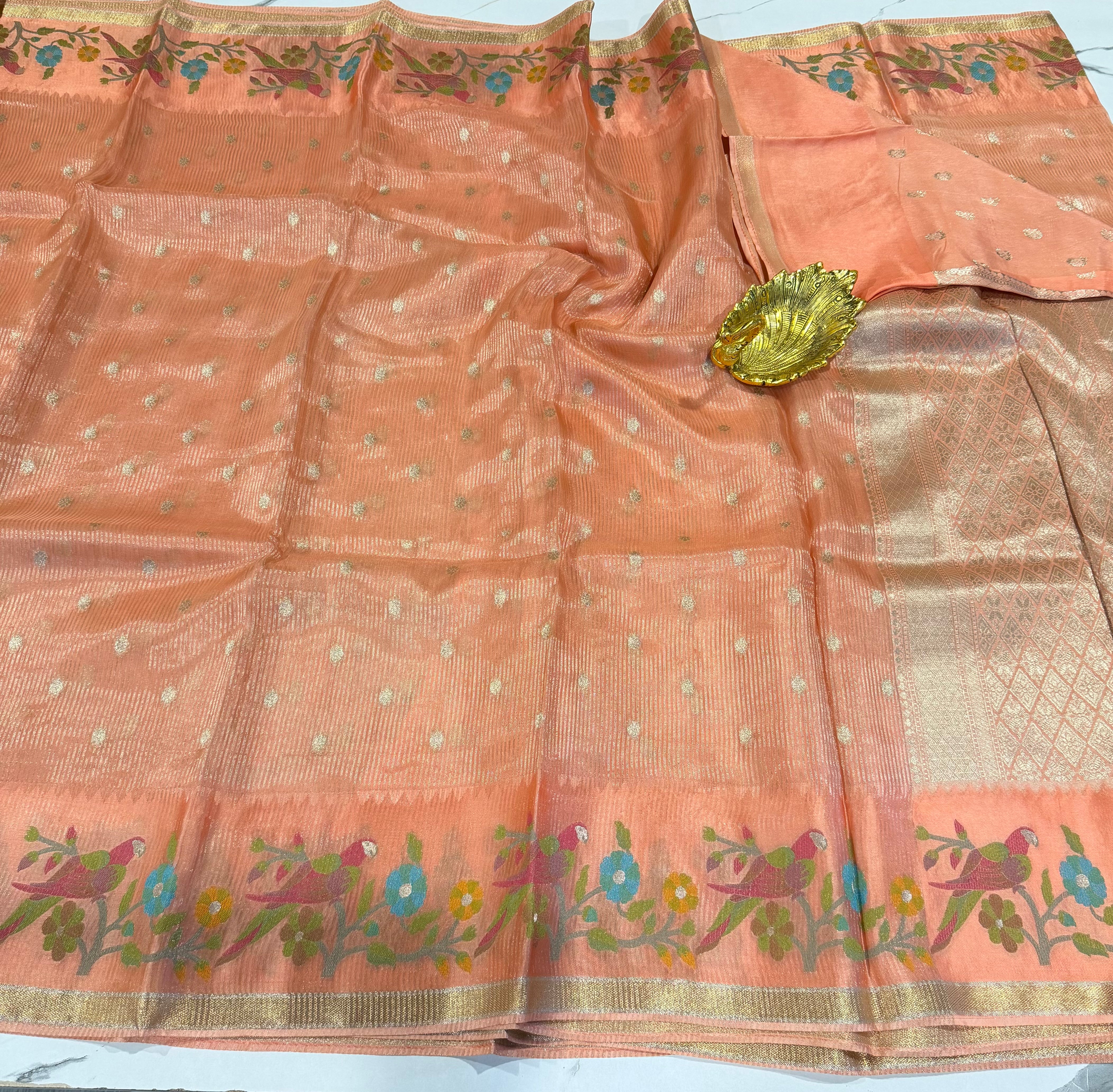 Bc-5100 peach  Banaras kora saree