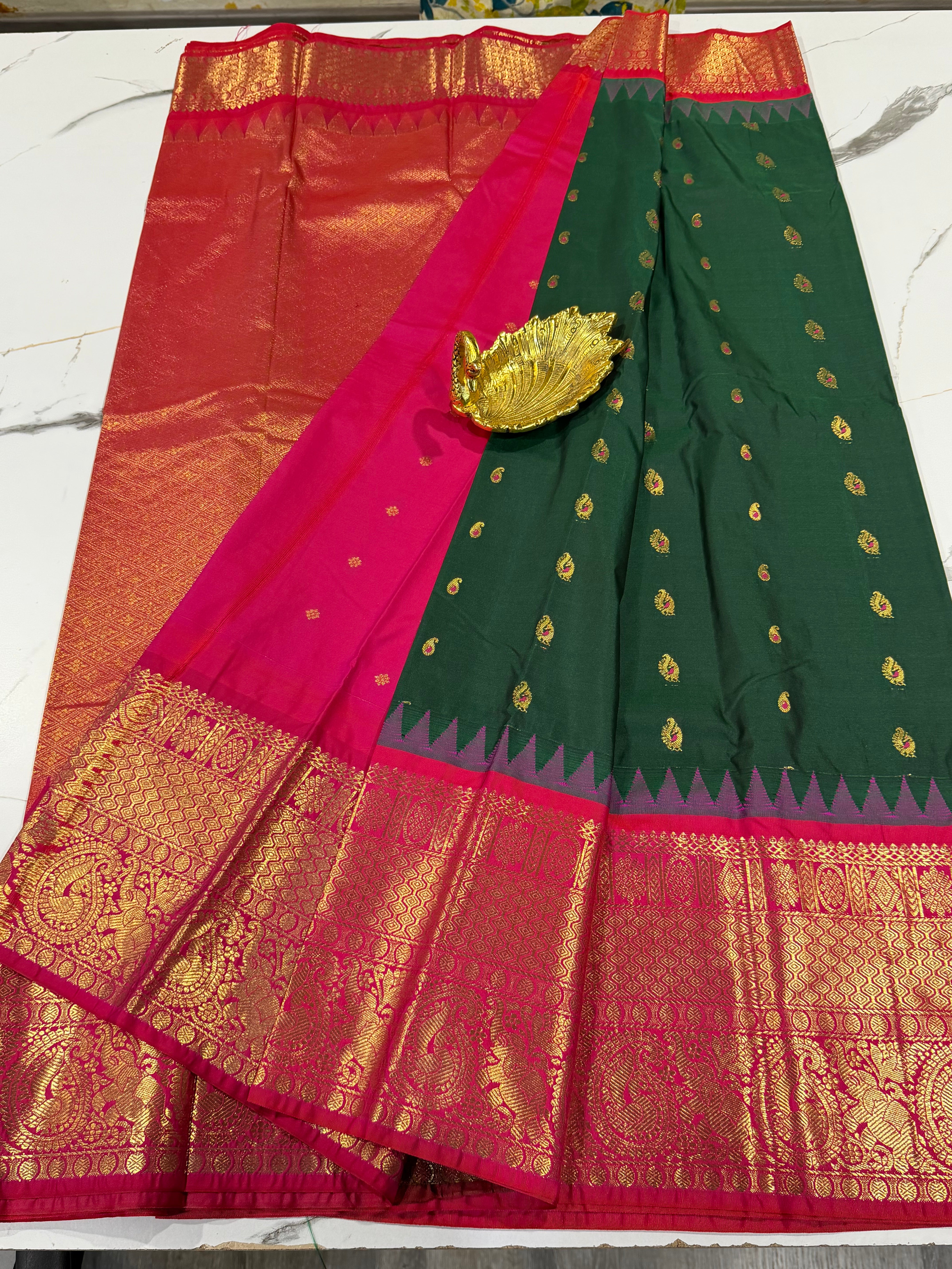 VG2 semi Gadwal dark green and pink border saree