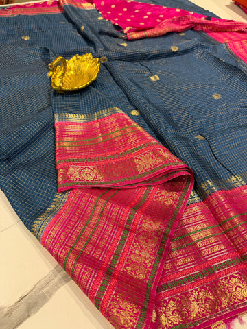 VN-2450 peacockblue n pink  vintage Narayanpet saree