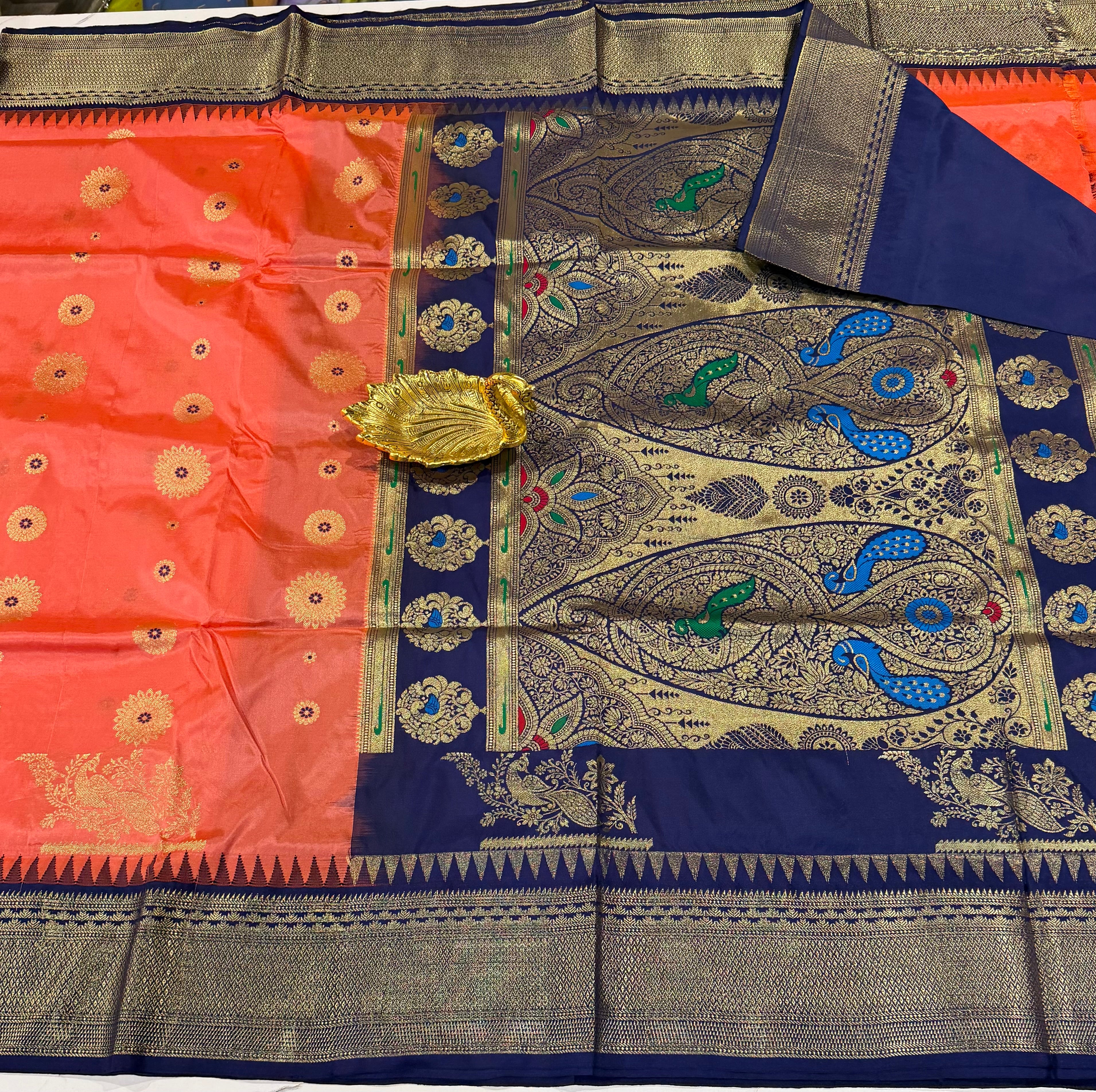 SN-35 Semi narayanpet peach and navy blue border saree