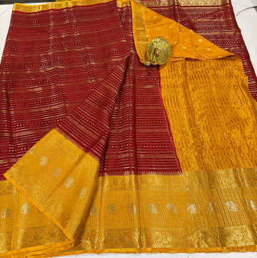 V-2100 Red n yellow  banaras vintage Kanchi horizontal lines saree