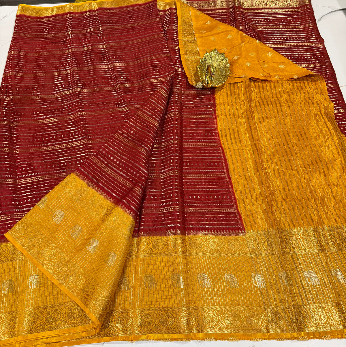 V-2100 Red n yellow  banaras vintage Kanchi horizontal lines saree