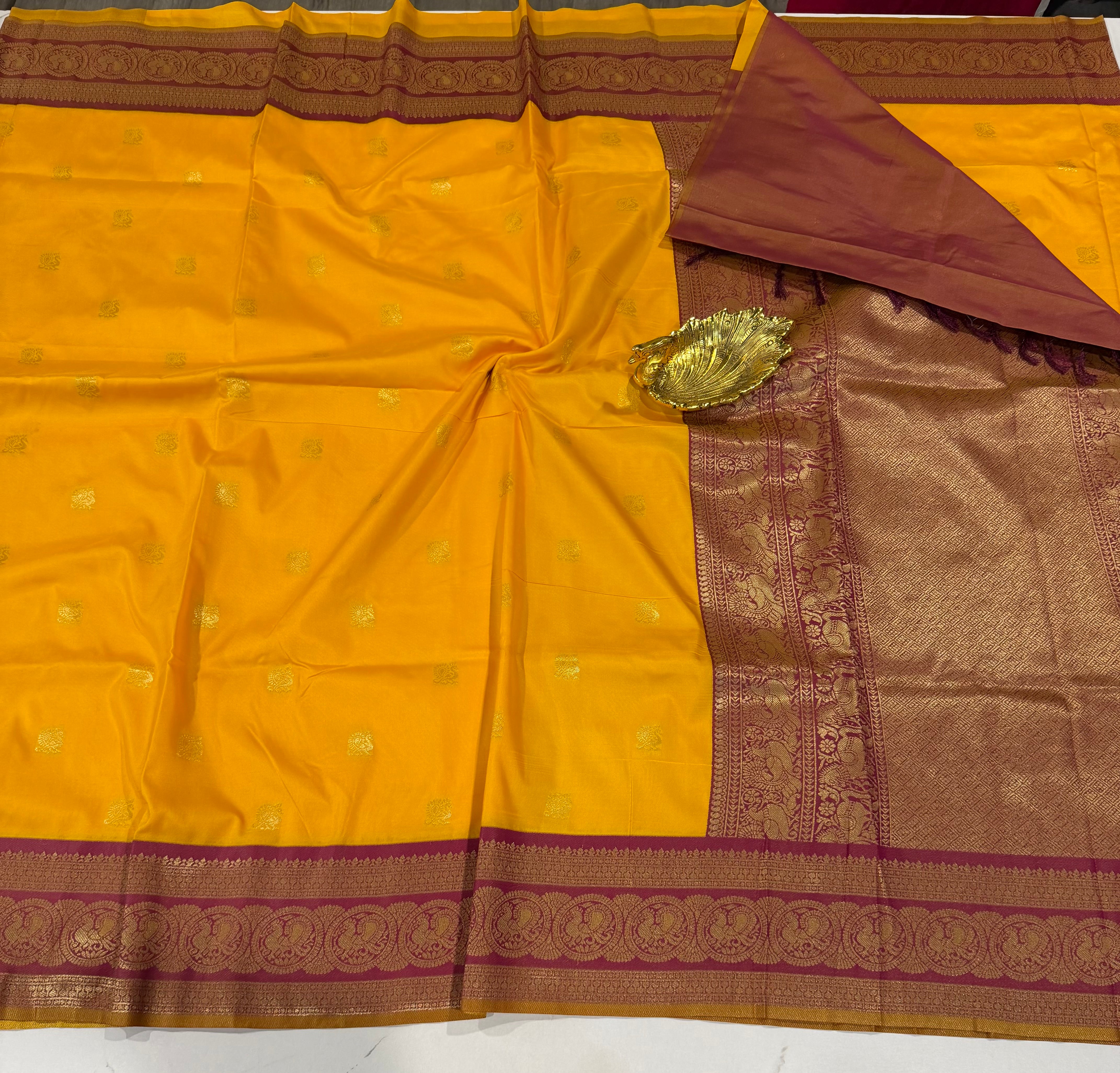 NS-1100 yellow and maroon border semi narayanapet saree