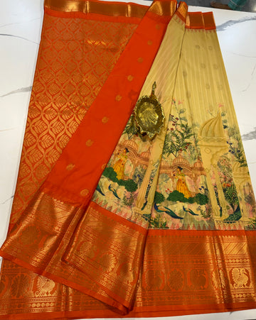 SGK-2997 yellow n orange gadwal Kalamkari saree