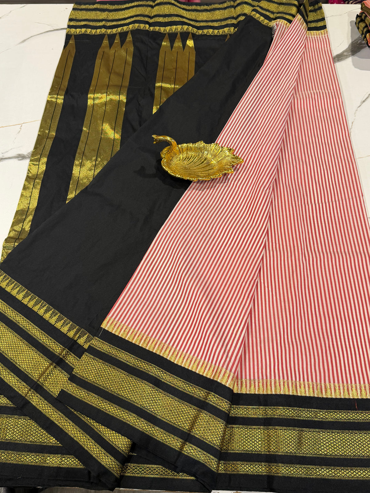 LD-N22 narayanapet rust n white checks and black border saree