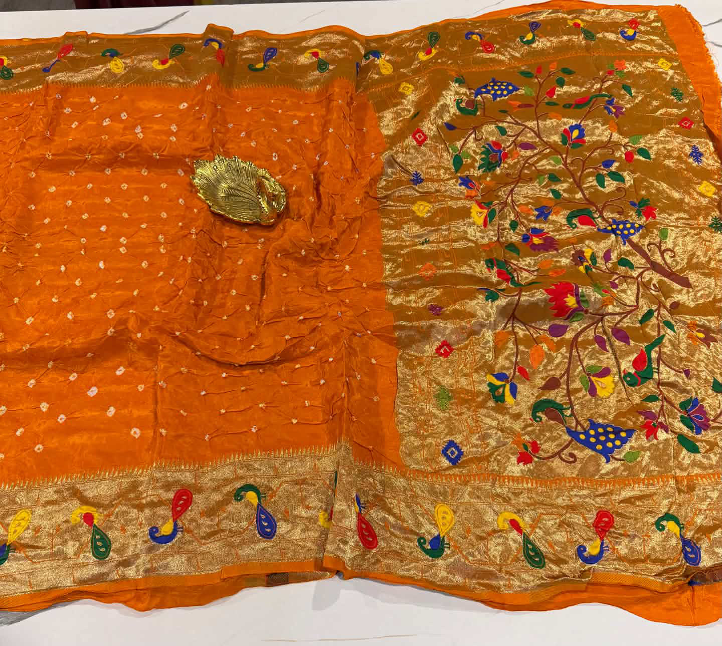 LD-2999 Banaras crepe bandini n Paithani saree with blouse orange colour saree