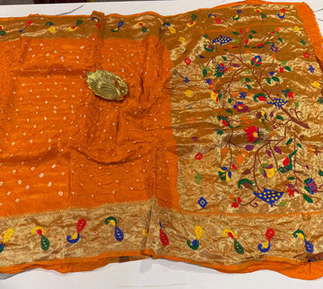 LD-2999 Banaras crepe bandini n Paithani saree with blouse orange colour saree