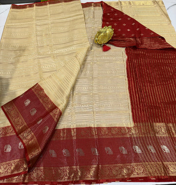V-2100 cream  n maroon banaras vintage Kanchi horizontal lines saree