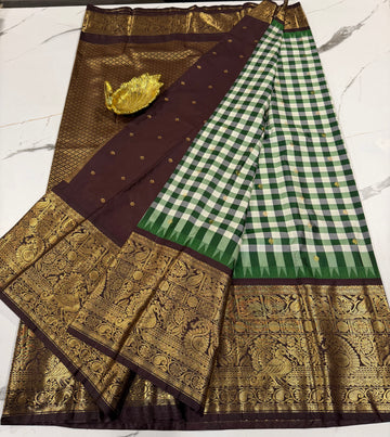 SGC-2800 semi Gadwal checks dark green and brown border saree