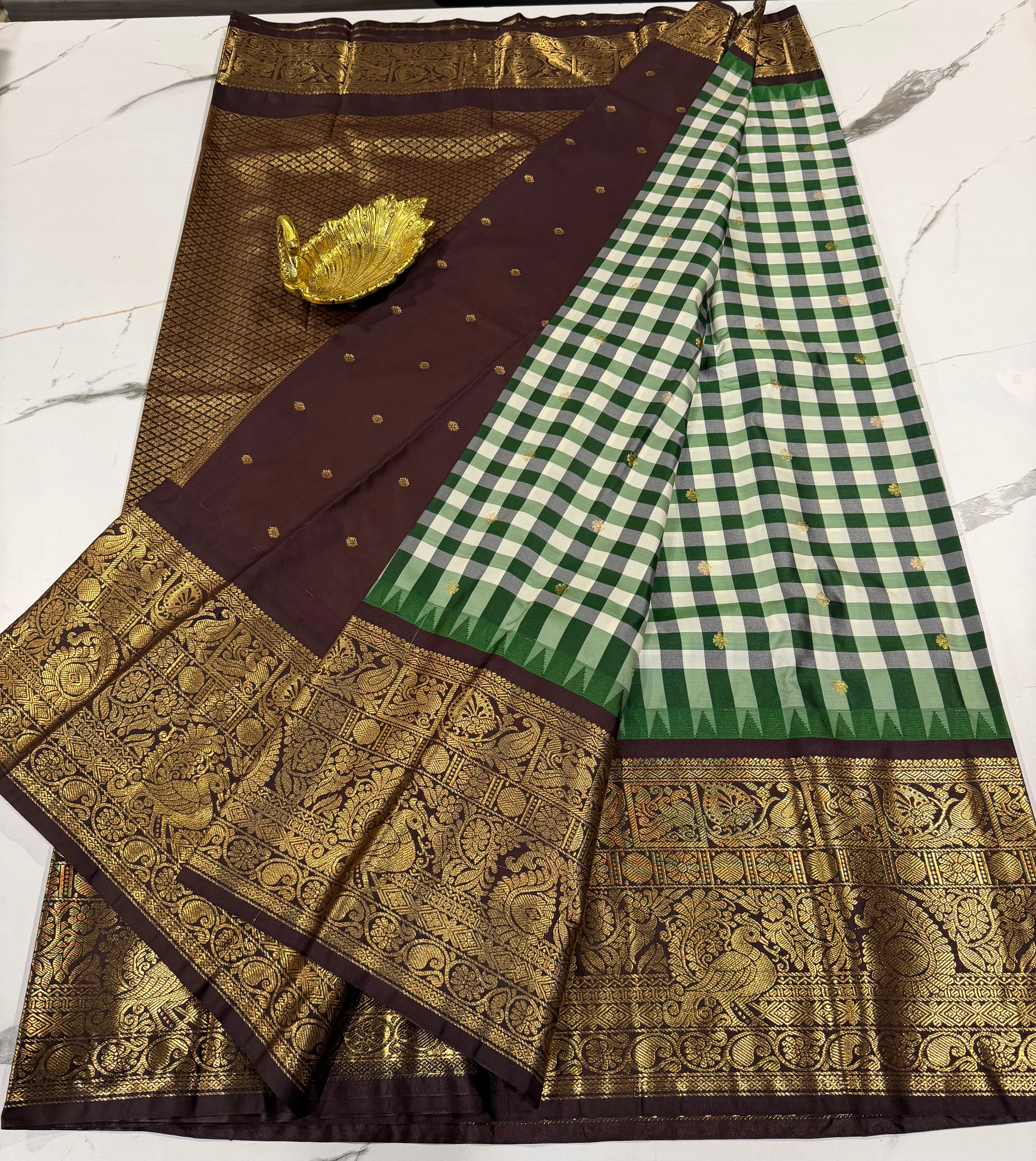 SGC-2800 semi Gadwal checks dark green and brown border saree