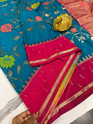 SMJ-1899 Krishna blue and pink border semi Georgette jamdani saree