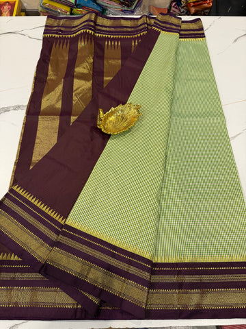 LD-N22 narayanapeta mehandi green n white checks and wine border saree