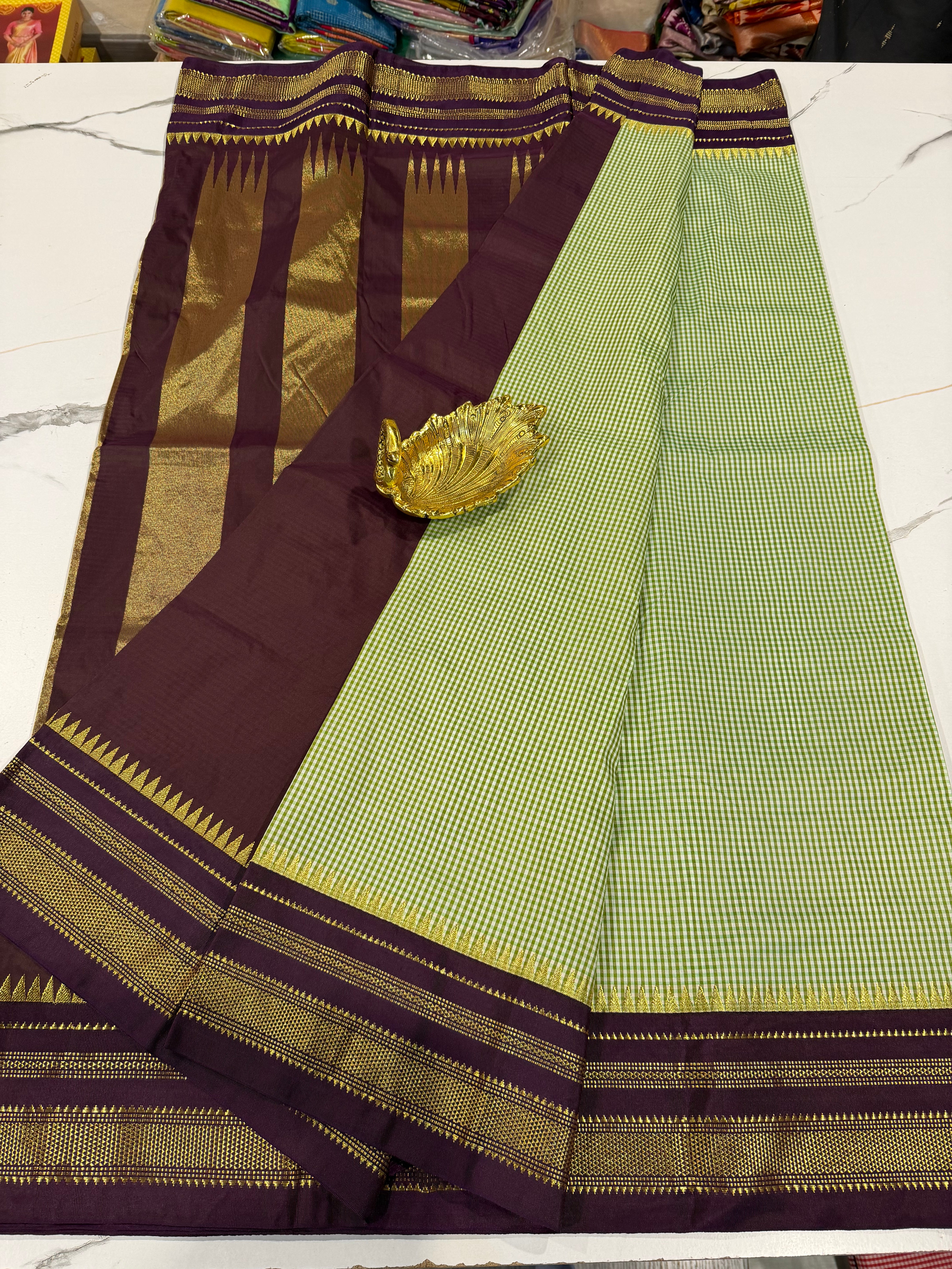 LD-N22 narayanapeta mehandi green n white checks and wine border saree