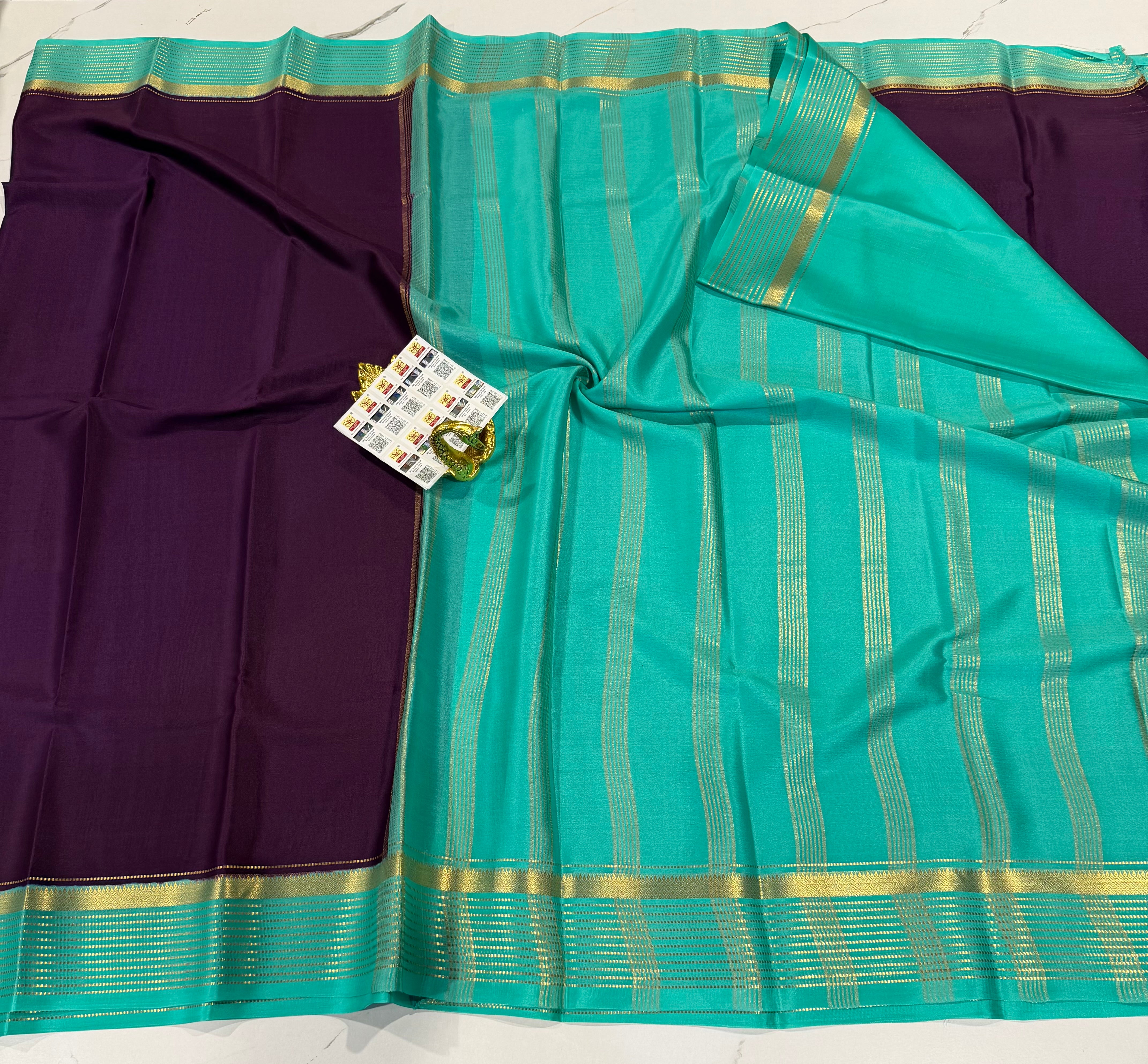 PM-5700 Wine and Sea blue colourpure Mysore crepe silk saree