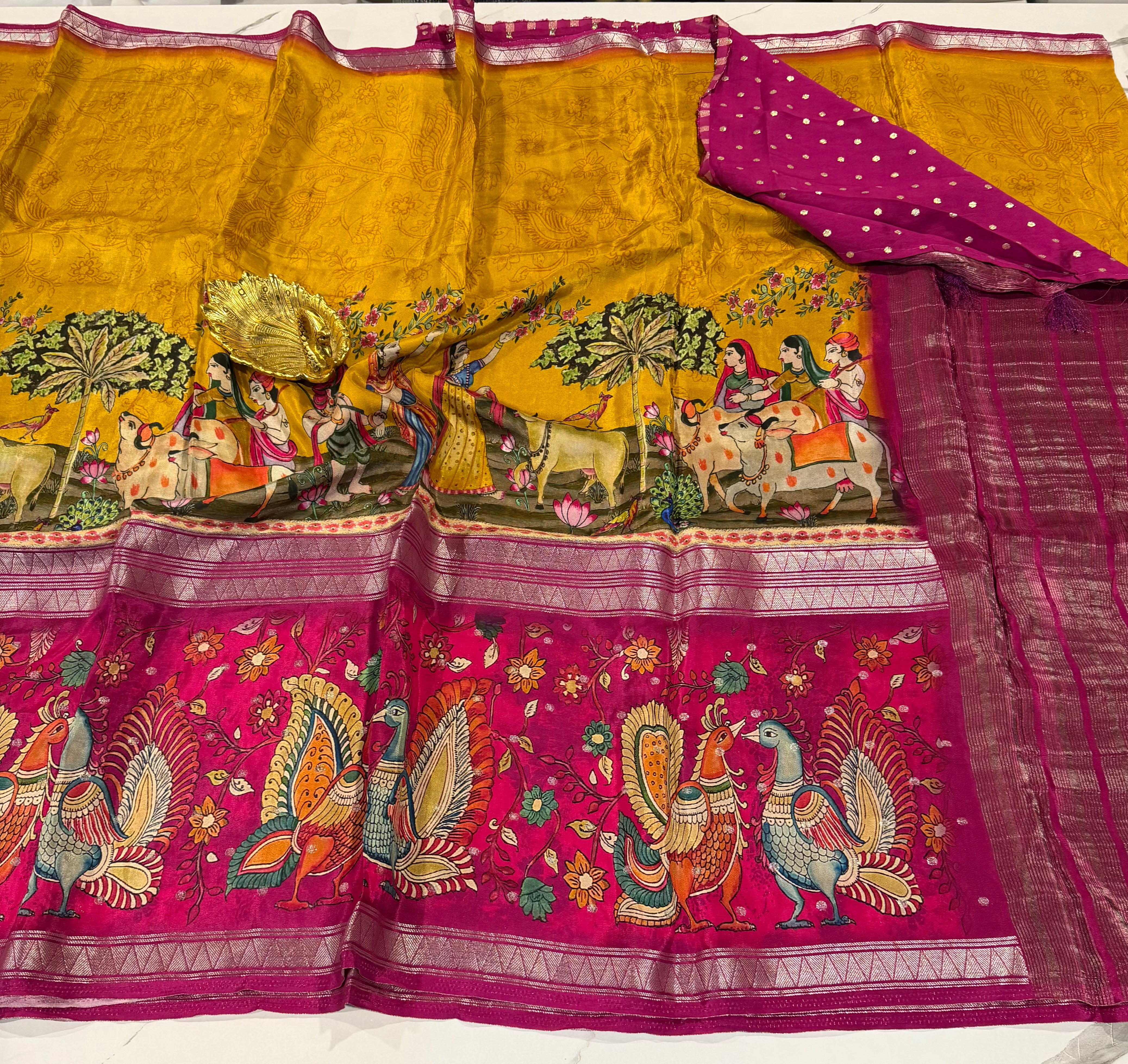 MC3299-Mustard and Rani- Mysore crepe semi - story telling concept