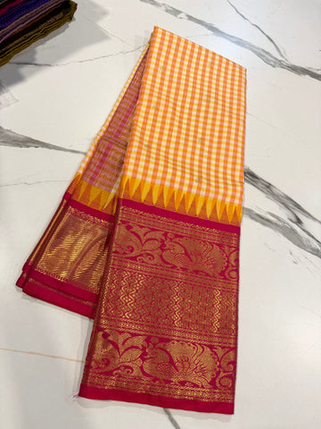 SGC-2500 Madras checks gadwal Yellow n pink border saree