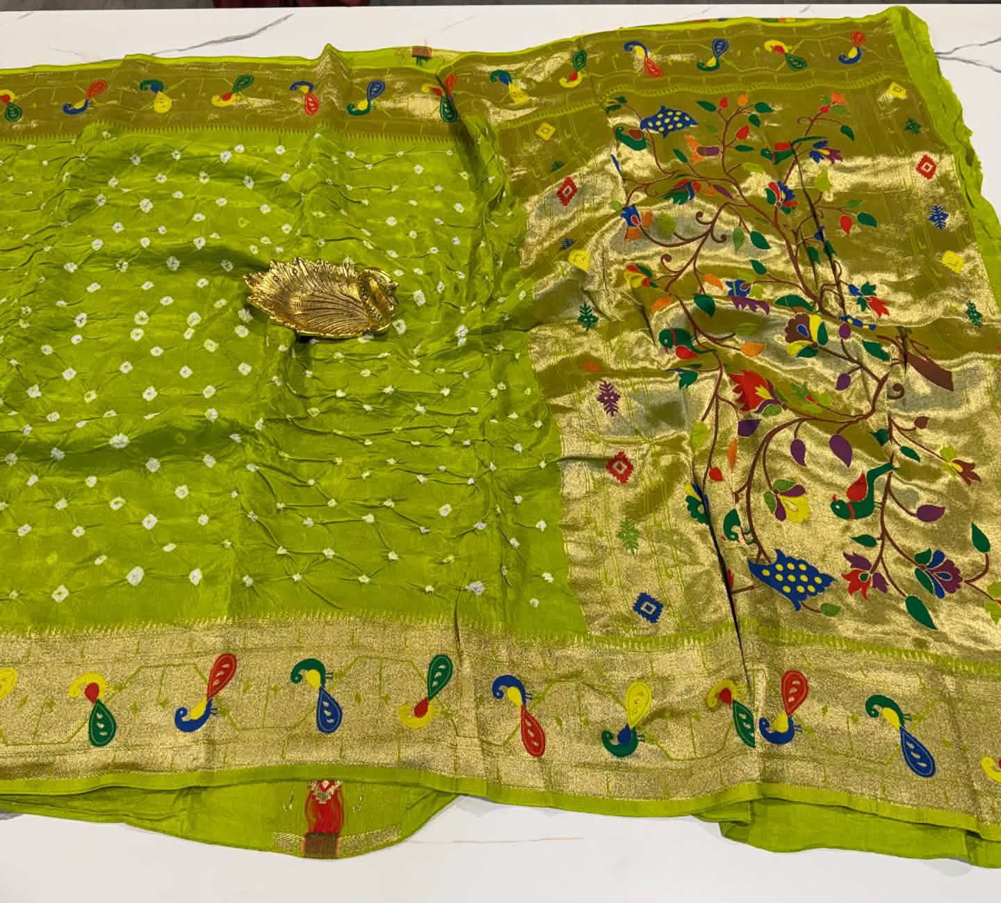 LD-2999 Banaras crepe bandini n Paithani saree with blouse green color saree