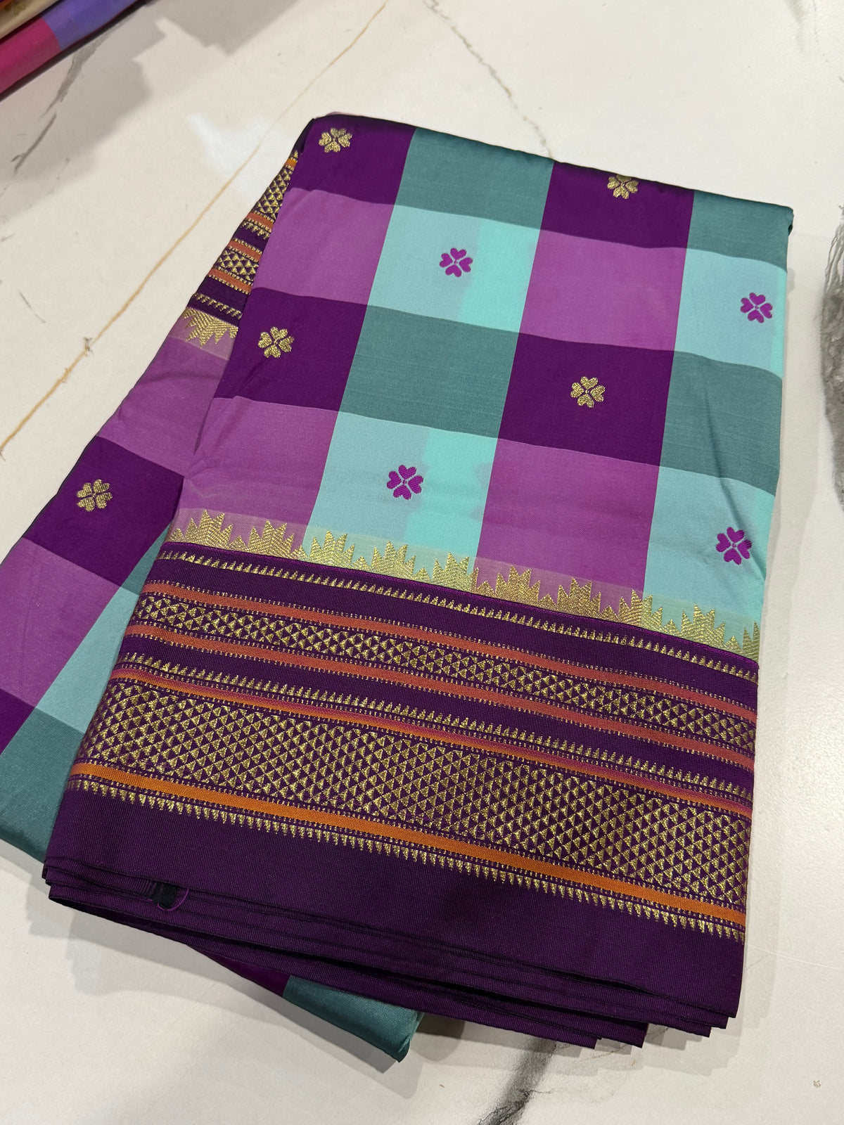 M-3450 purple n sky blue Madras checks Narayanpet saree