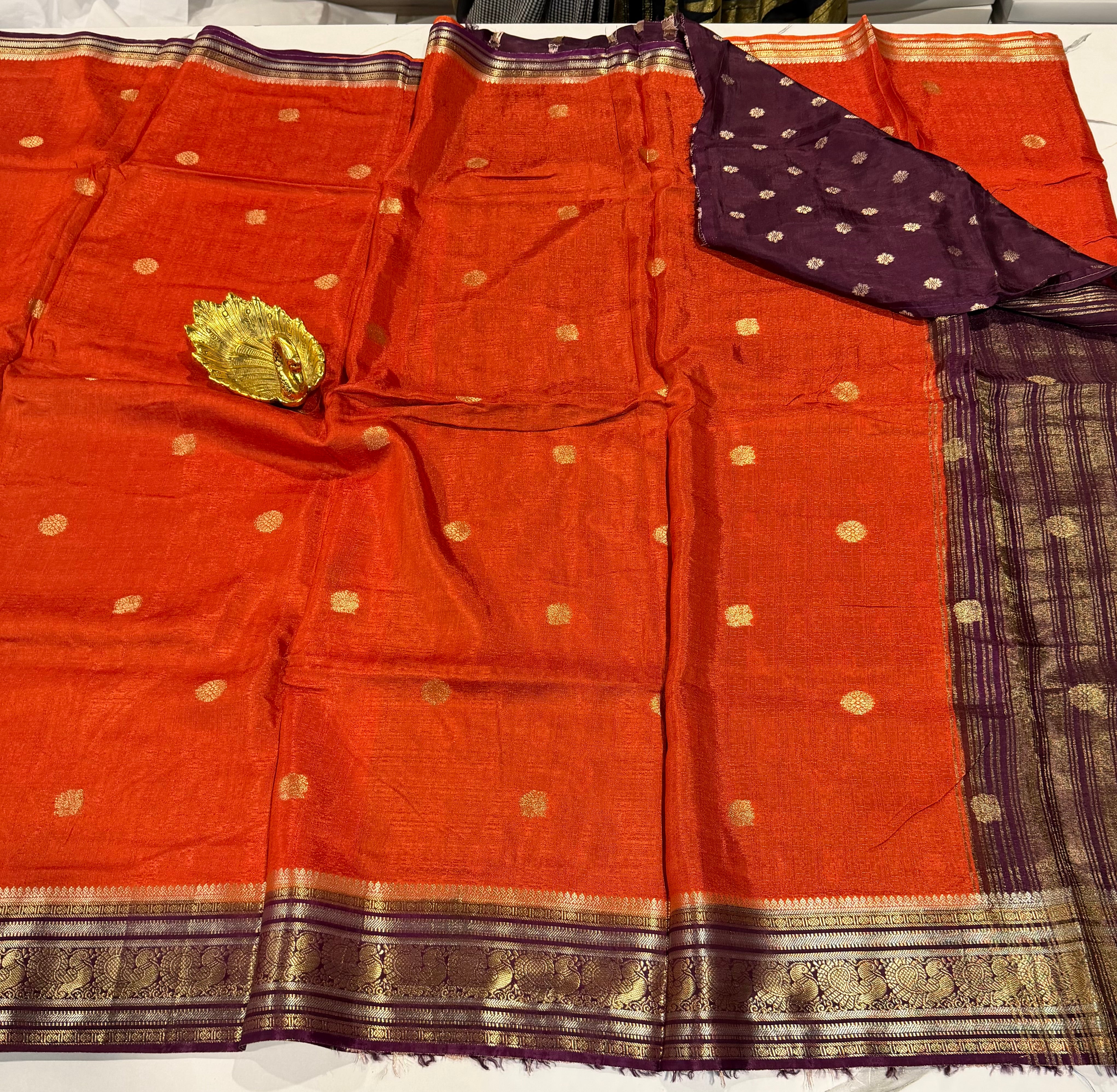KJC3- orange n wine   -Kanchi Jute Crepe Saree