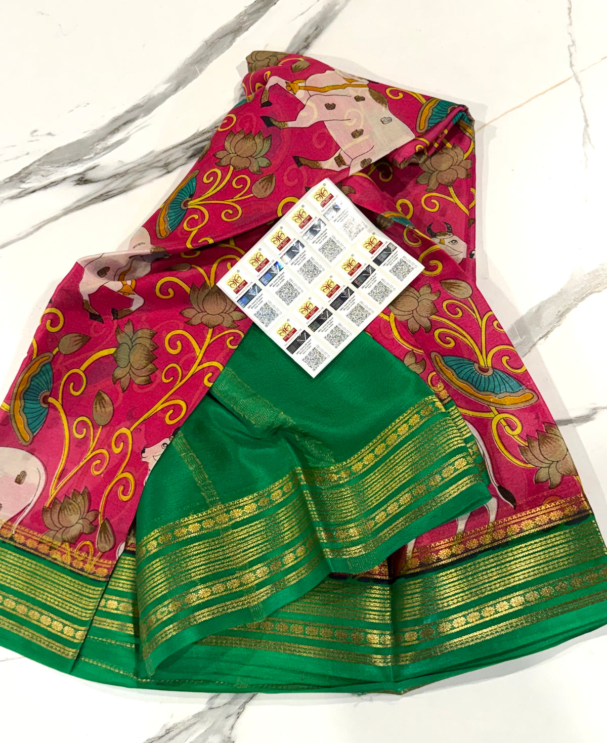 MV-6900 Rani pink n green colour Mysore pure crepe saree