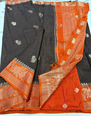 GM-1699 black n orange colour Banaras Green mango saree