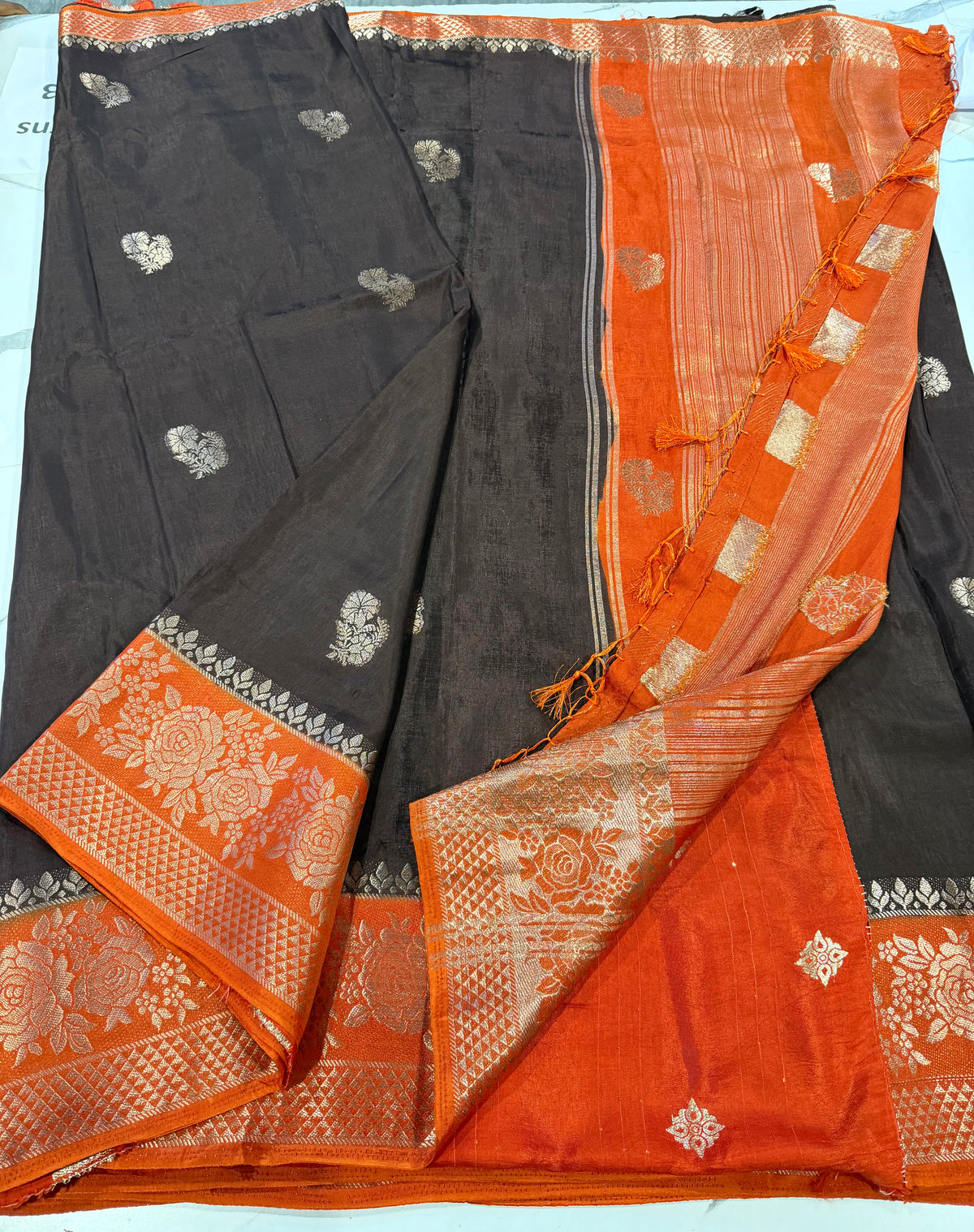 GM-1699 black n orange colour Banaras Green mango saree