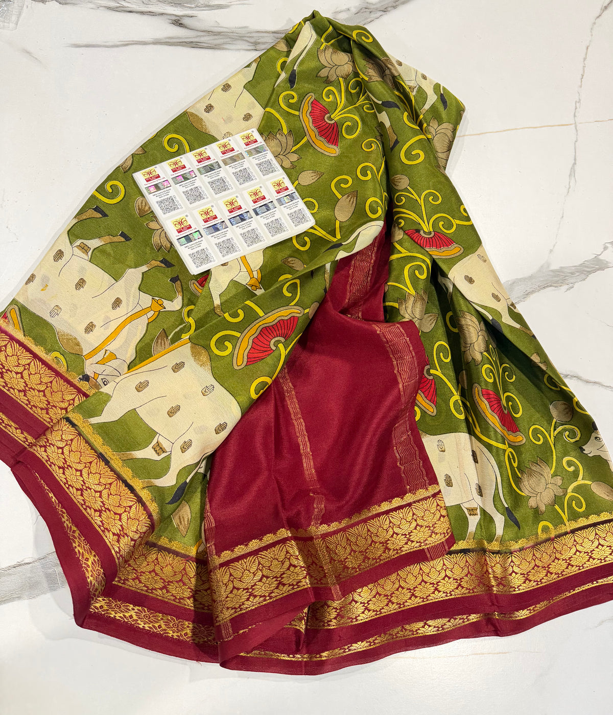MV-6900 Pesara green n maroon colour Mysore pure crepe saree