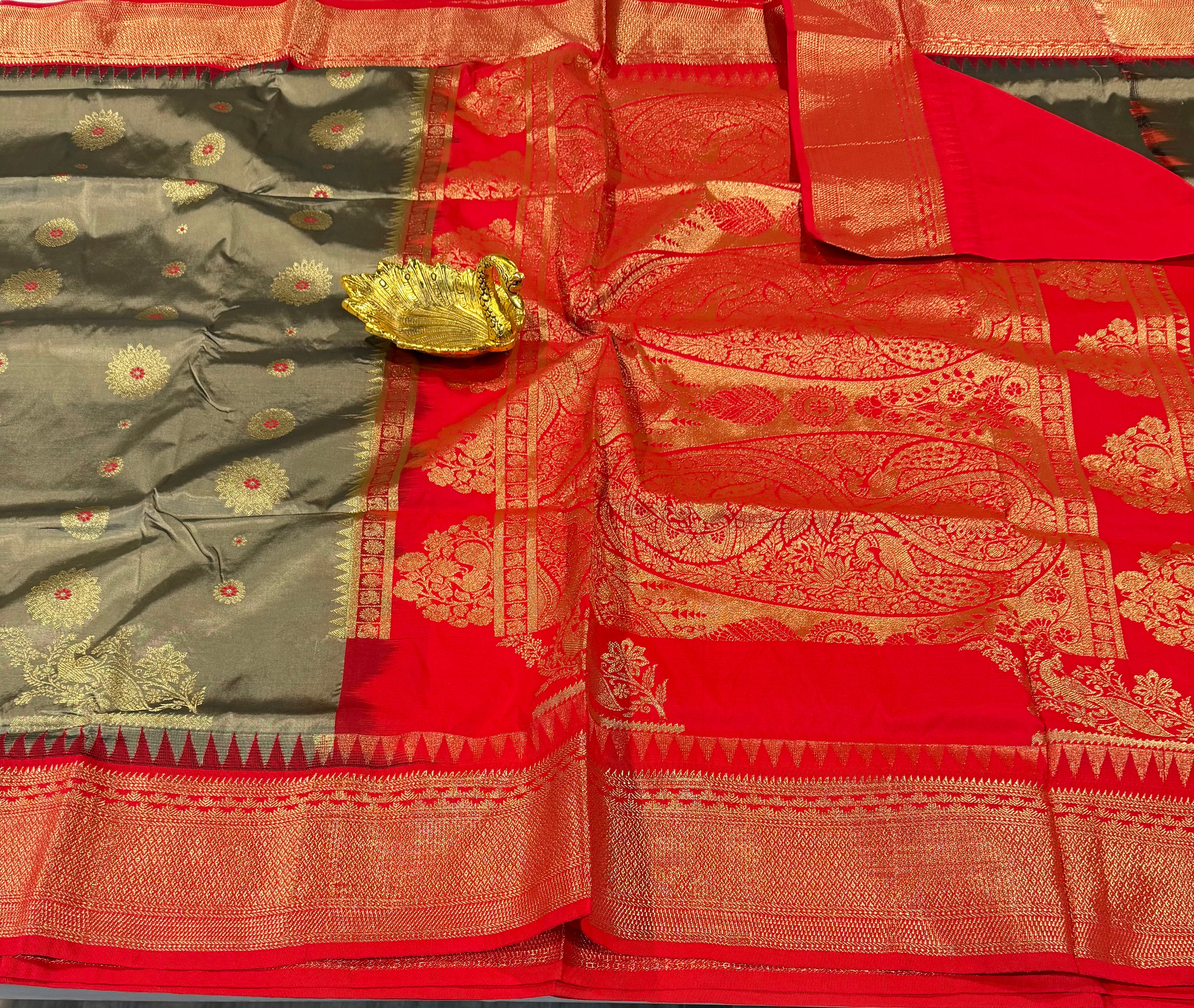 SN-35 Semi narayanpet grey and red border saree