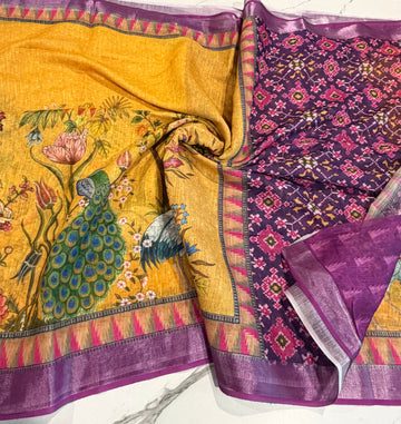 LD-L3 Linen prints yellow & Magentha saree