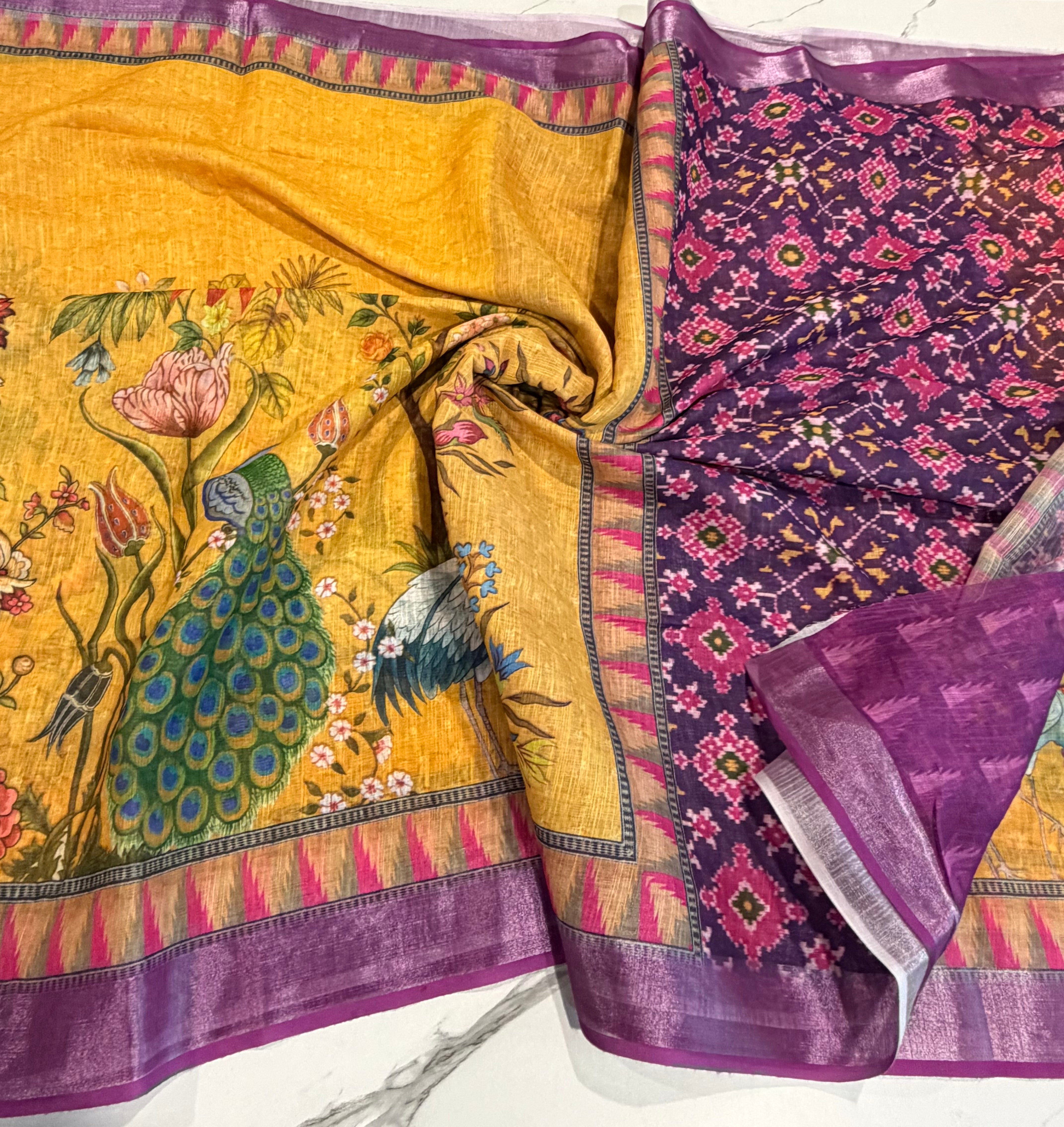 LD-L3 Linen prints yellow & Magentha saree