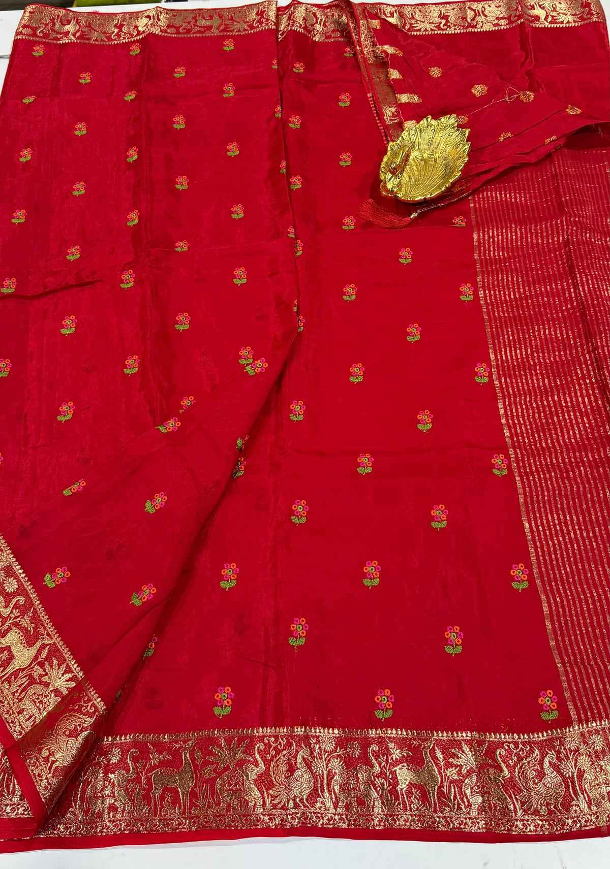 M-3300 Red Mysore viscous crepe Pettit embroidery saree