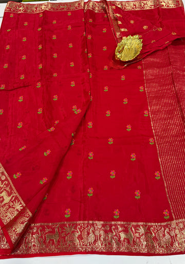 M-3300 Red Mysore viscous crepe Pettit embroidery saree