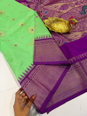 SN-35 Semi narayanpet sea green and  purple border saree